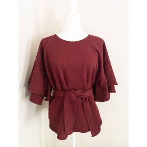 Eva Franco Burgundy Textured Knit Top With Belted Waist & Tiered Ruffle Sleeves